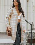 Women Khaki Open Front Plaid Long Cardigan