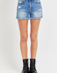 RISEN Full Size High Rise Distressed Raw Hem Denim Shorts