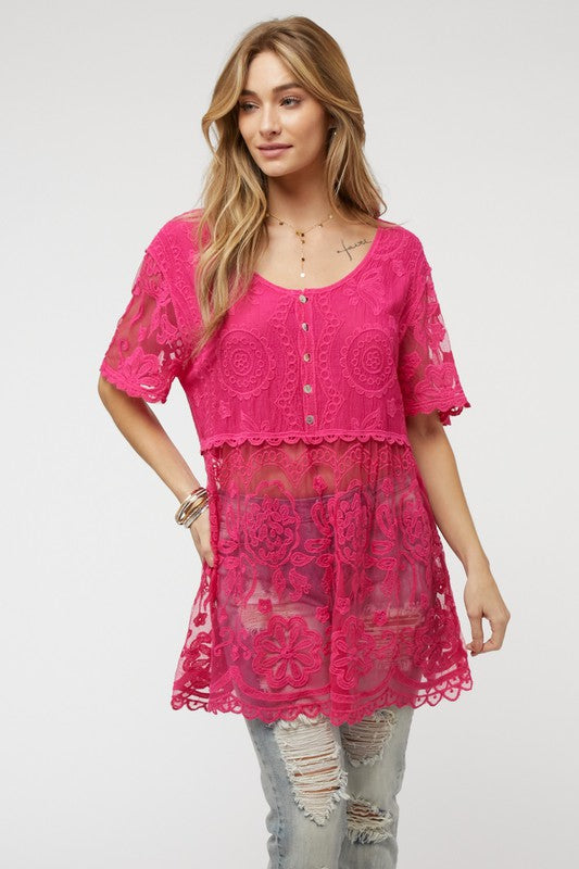 Davi &amp; Dani Crochet Round Neck Button Down Top