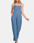 Zenana Washed Adjustable Strap Wide Leg Denim Overalls