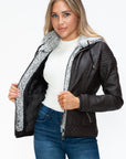 YMI Faux Layered Double-Zipper Jacket with Fuzzy Hood