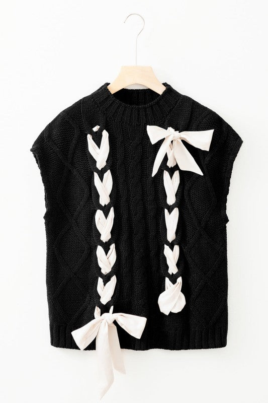 Colorblock Bow Cable Knit Short Sleeve Sweater