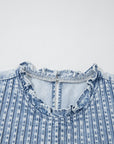Vintage Washed Denim Pleated Ruffle Sleeve Top