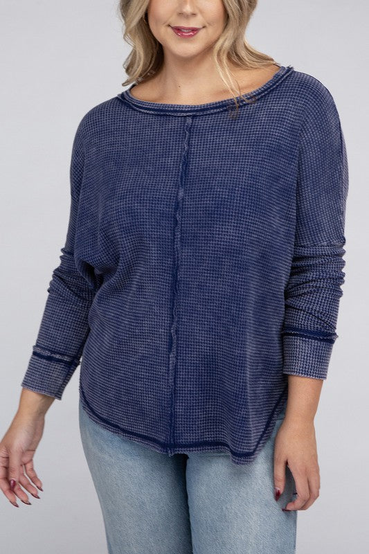 Zenana Plus Washed Baby Waffle Oversized Long Sleeve Top