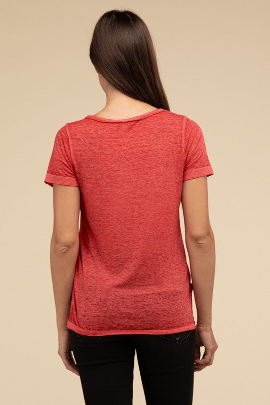 ZENANA Washed Melange Burnout Scoop V-Neck Top