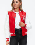 Love Me Now PU Leather Contrast Snap Down Bomber Jacket