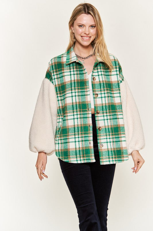 Jade By Jane Plus Size Multi Plaid Fuzzy Sleeve Jacket