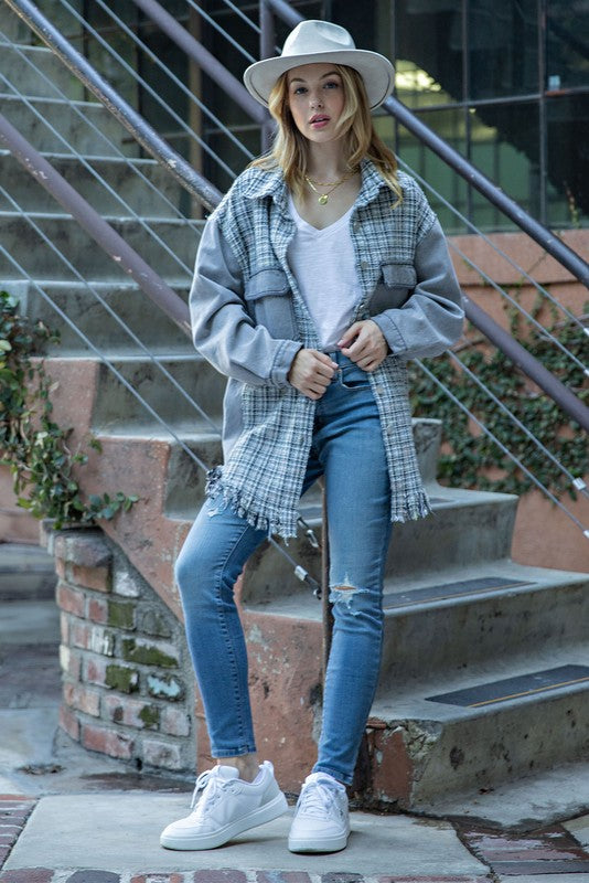 Sweet Generis Tweed Mixed Denim Shacket with Fringed Hem