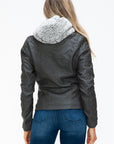 YMI Removable Faux Layered Multi-Pocket Jacket with Fuzzy Hood