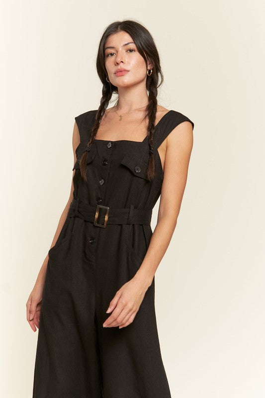 Jade By Jane Sleeveless Square Neck Button Down Ankle Jumpsuit