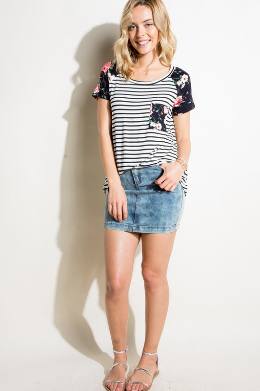 e Luna Striped Floral Mix Short Sleeve Top