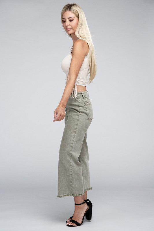 Zenana Acid Washed High Waist Frayed Hem Straight Pants