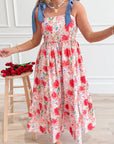 Floral Denim Tie Strap High Waist Maxi Dress