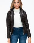 YMI Removable Faux Layered Multi-Pocket Jacket with Fuzzy Hood