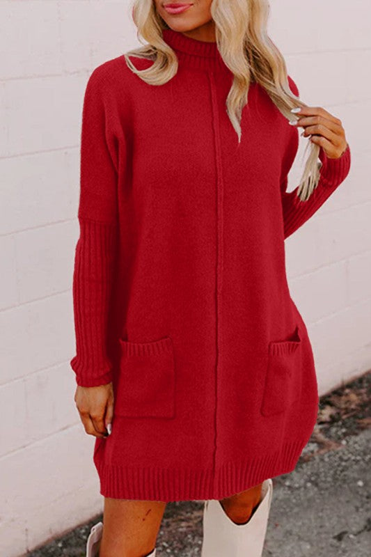Solid Ribbed Mock Neck Sweater Dress