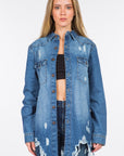 American Bazi Distressed Frayed Hem Denim Jacket