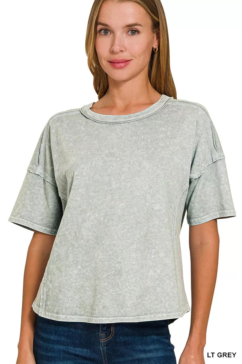 Zenana Halo Snow Washed Short Sleeve Tee and Shorts Set in Grey