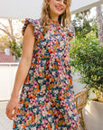 ODDI Full Size Floral Ruffled Cap Sleeve Mini Dress