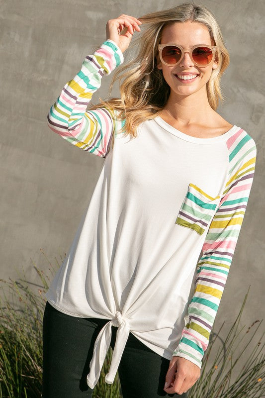 e Luna Striped Mix Waist Tie Top