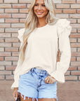 Beige Ruffled Flounce Sleeve Corduroy Blouse