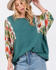 SAGE + FIG Full Size Printed Balloon Sleeve Contrast Top