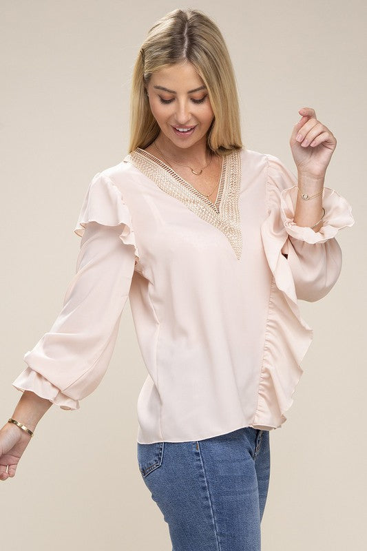 V-Neck Lace Trim Long Sleeve Blouse