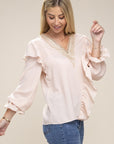 V-Neck Lace Trim Long Sleeve Blouse