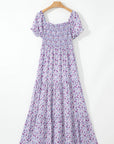 Floral Bubble Sleeve Shirred High Waist Maxi Dress