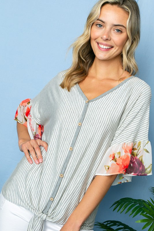 e Luna Striped Floral Mixed Ruffle Top