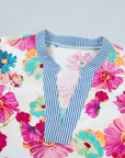 Floral Stripe Trim V-Neck Puff Sleeve Blouse