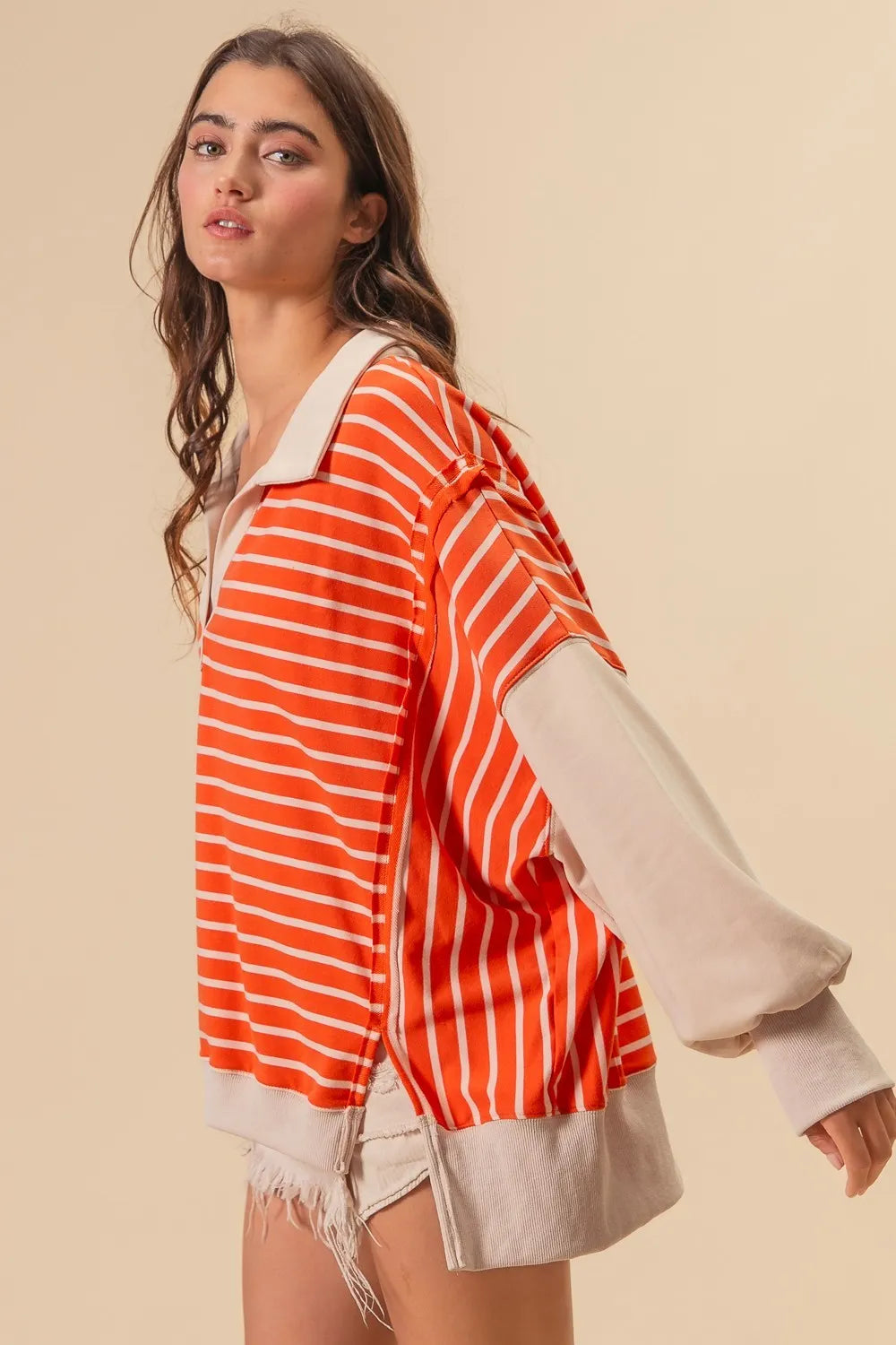 BiBi Stripe Knit Loose Fit Top With Cut Edge Detail in Orange