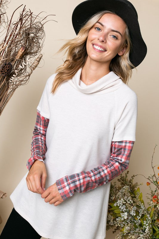 e Luna Plaid Mixed Turtleneck Top