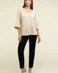 Zenana Brushed Waffle Exposed-Seam 3/4 Sleeve Top