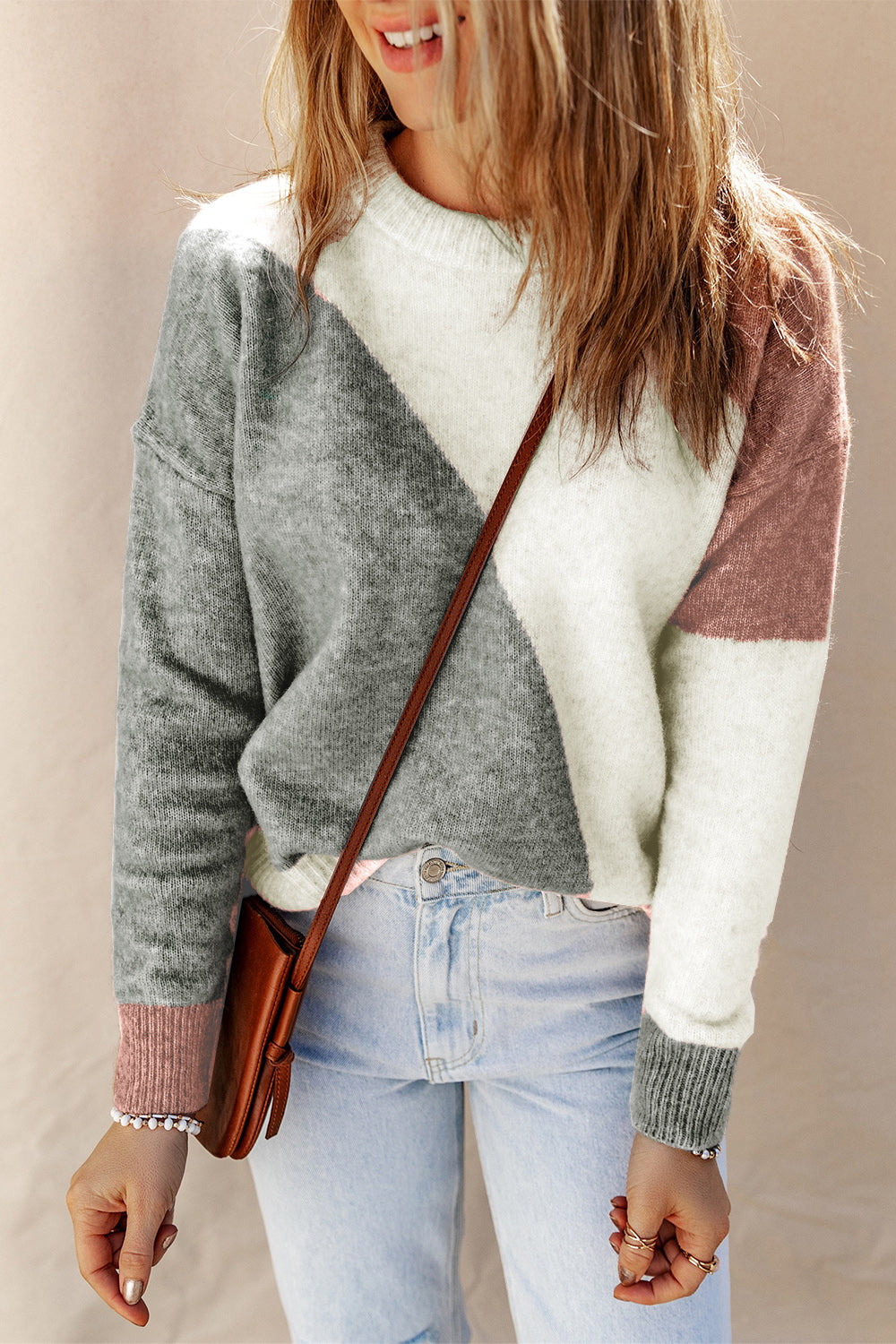 Color Block Round Neck Dropped Shoulder Pullover Sweater - Online Only