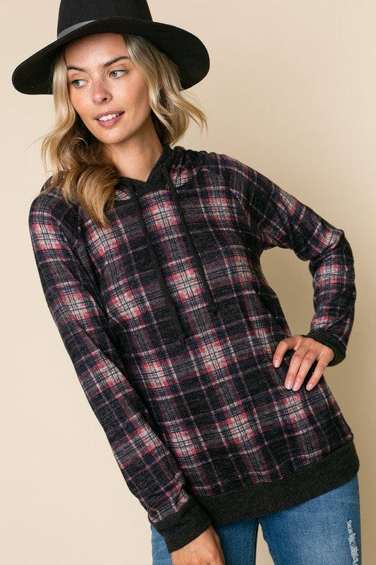 e Luna Plaid Mixed Hoodie Sweatshirt