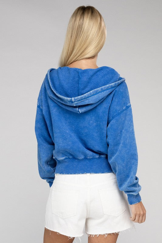 ZENANA Acid Wash Fleece Cropped Zip-Up Hoodie