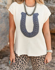 Western Horseshoe Crochet Short Sleeve Sweater