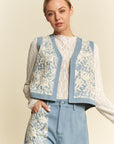 Davi & Dani Lace Patch Open Front Denim Vest