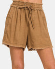 Zenana Washed Linen Frayed Hem Drawstring Shorts