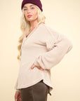 VERY J Two Tone Ribbed V-Neck Exposed Seam Top