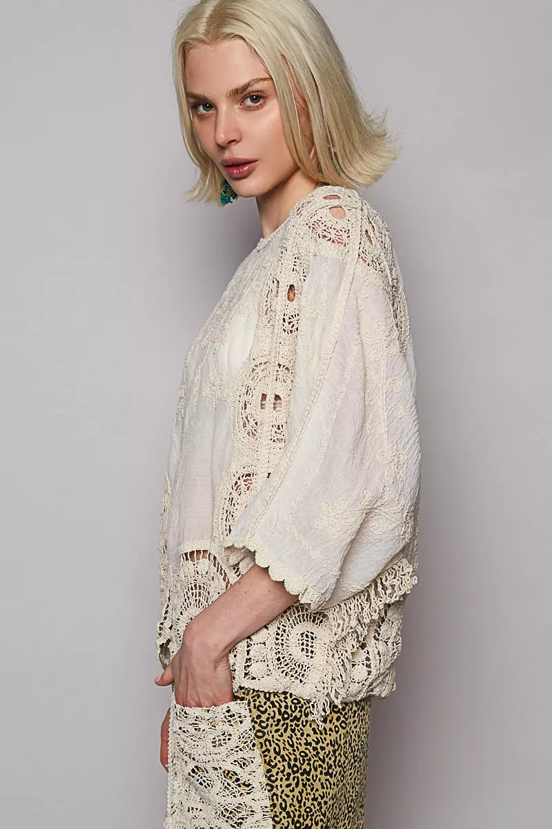 POL Round Neck Crochet Top with Floral Embroidery Detail