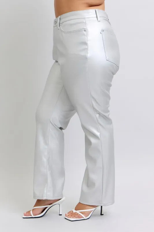 Judy Blue Full Size High Waist Silver Faux Leather Pants Plus Size