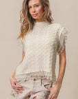 BiBi Layered Pleat Chiffon Edge Cable Knit Top