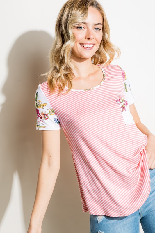 e Luna Striped Floral Mix Short Sleeve Top