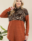 Celeste Full Size Curved Hem Leopard Turtleneck Long Sleeve Blouse