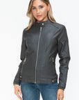 Snobbish Faux Leather Biker Jacket with Side Zip Pockets