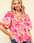 Haptics Full Size Frill Floral Puff Sleeve Blouse