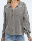 ZENANA Washed Collared Henley Sweater