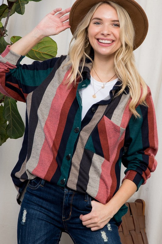 e Luna PLUS Cozy Stripe Button Down Shacket