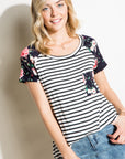 e Luna Striped Floral Mix Short Sleeve Top